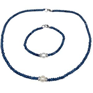 Sapphire & Freshwater Pearl Beaded Necklace & Bracelet Set Blue Stone Beaded